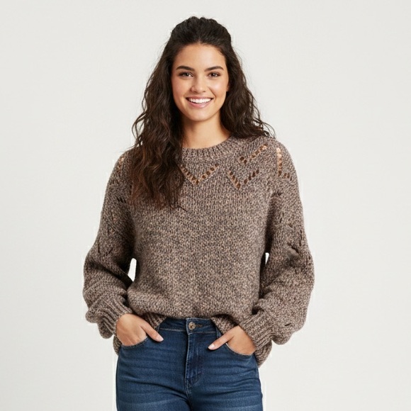 Madewell Tops - Madewell Marled Gray Pointelle Sweater Balloon Sleeve Knit Pullover Size S